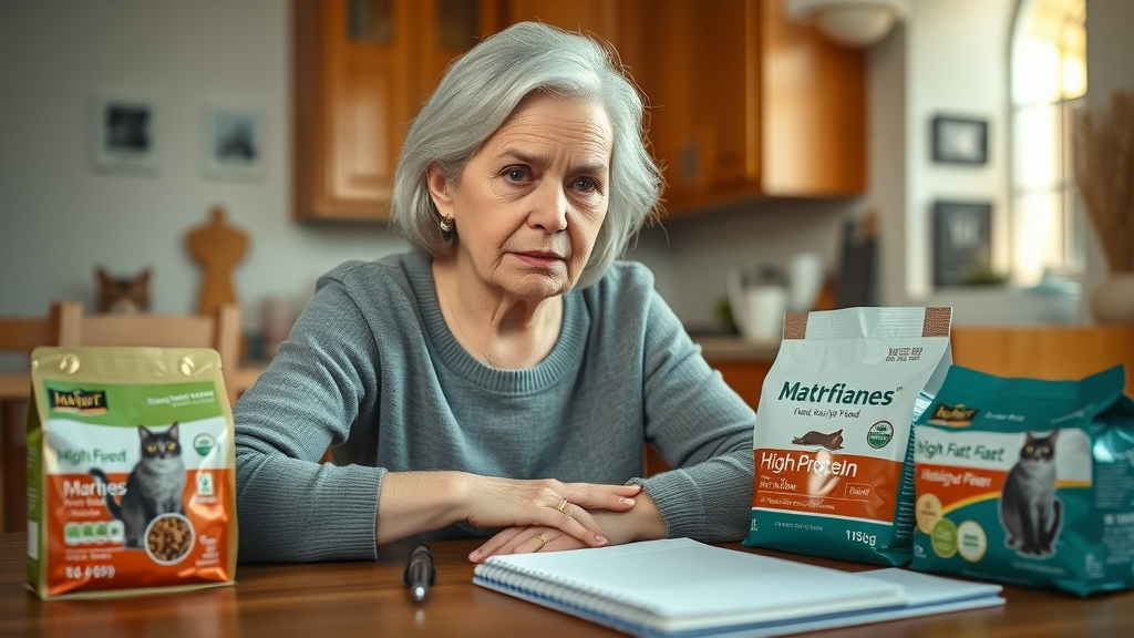 concerned elderly cat owner considering cat diet options