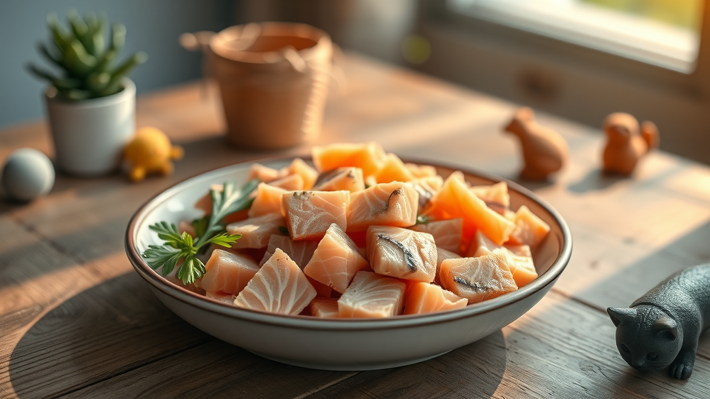 gourmet cat dish with flaked tuna and salmon