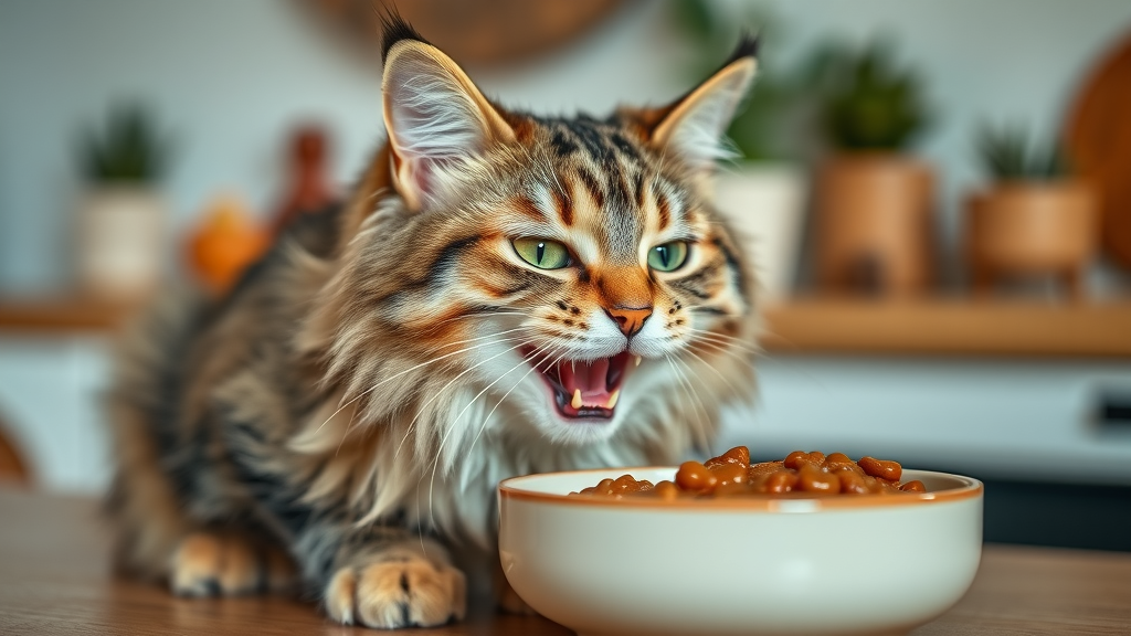 contented cat happily eating wet food