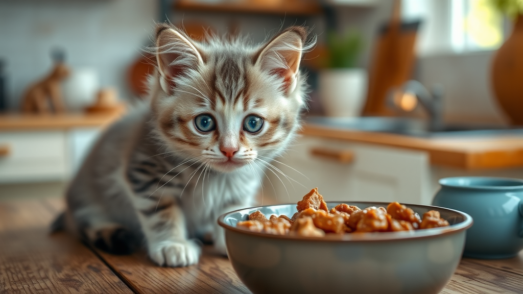 curious kitten looking at a bowl of wet cat food