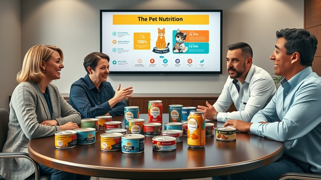 pet experts discussing wet cat food, engaged, seated at a round table with various cat food brands, photorealistic high fidelity lifelike, conference room with presentation screen, highly detailed, neutral color palette, shot with a 70mm lens