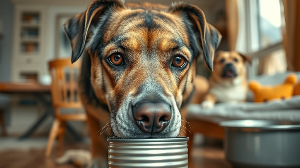 curious large dog, intrigued, sniffing canned kitten food, cinematic, dining room with a pet feeding area, highly detailed, soft ambient lighting, natural color, shot with an 85mm lens