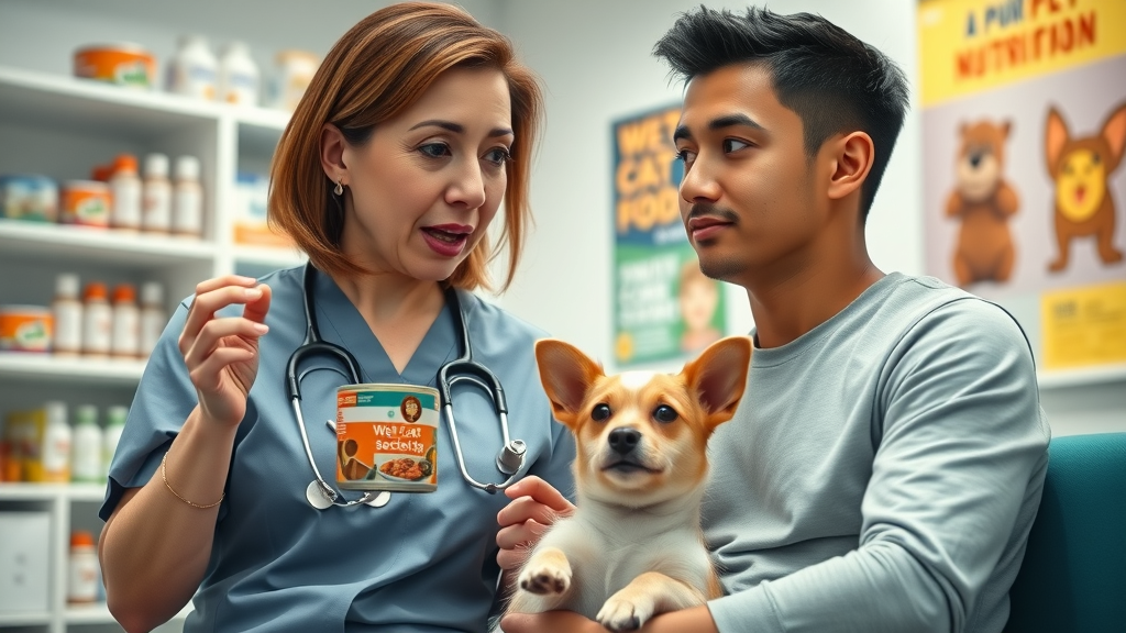 veterinarian explaining the benefits of wet cat food to a pet owner in a clinic.
