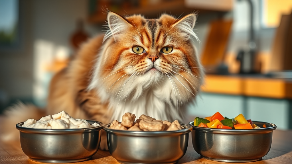 cat eating from multiple bowls with different food types
