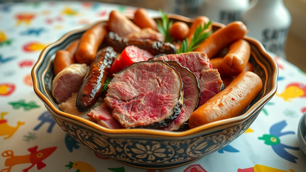 luxurious serving of mixed meats, glossy shine, served in a decorative bowl, anime, whimsical tablecloth with playful patterns, highly detailed meat textures, vibrant reds and browns, soft light ambiance, shot with a 50mm lens