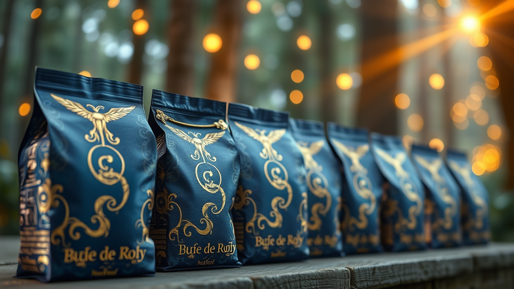 stylish packaging designs of cat food, lined up neatly, high fantasy, elegant display setting with mystical elements, highly detailed packaging textures, royal blues and golds, enchanted lighting, shot with a 70-200mm lens