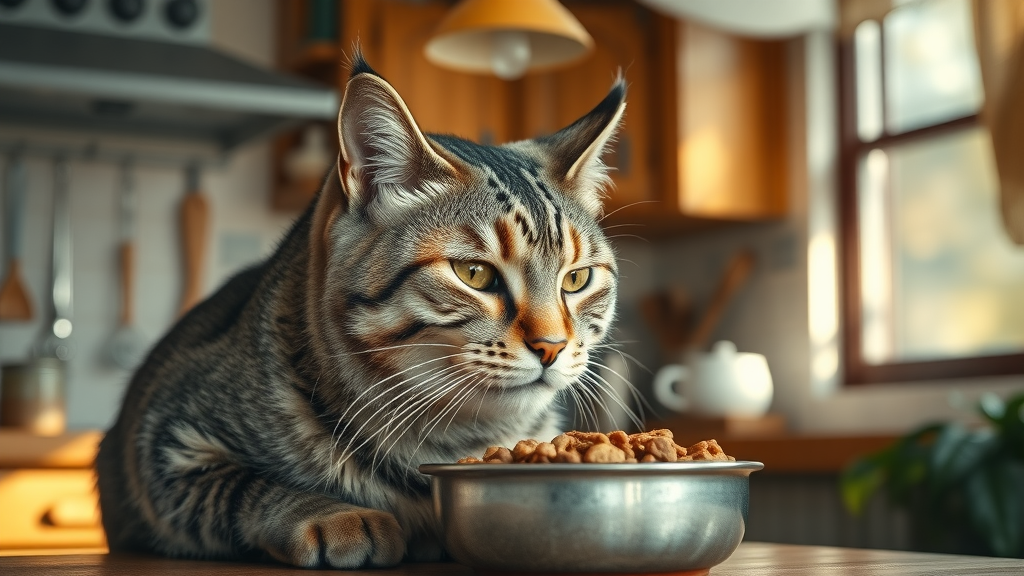 elderly cat enjoying a meal with thoughtful look, in a kitchen setting