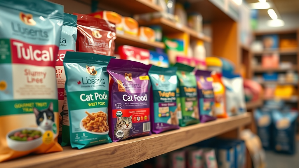 vibrant selection of recommended cat food packs, arranged on a shelf