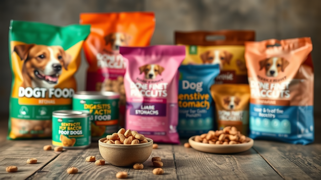 variety of dog foods for sensitive stomachs neatly arranged