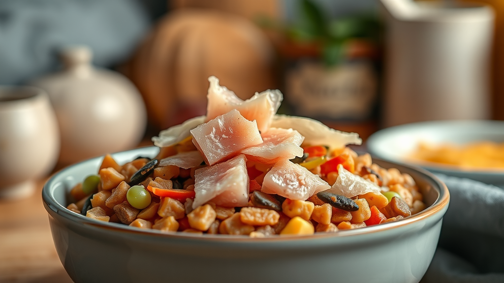 gourmet cat food topped with flaked tuna and sardine.