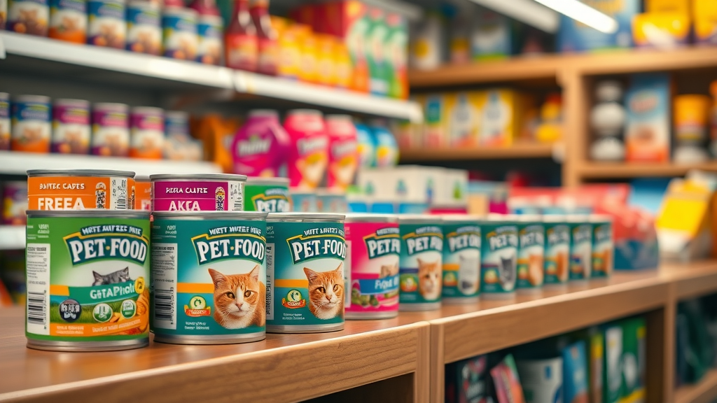 variety of wet cat food cans, organized neatly, labeled, photorealistic high fidelity lifelike, pet store shelf backdrop, highly detailed, colorful packaging, ambient lighting, shot with a 50mm lens.