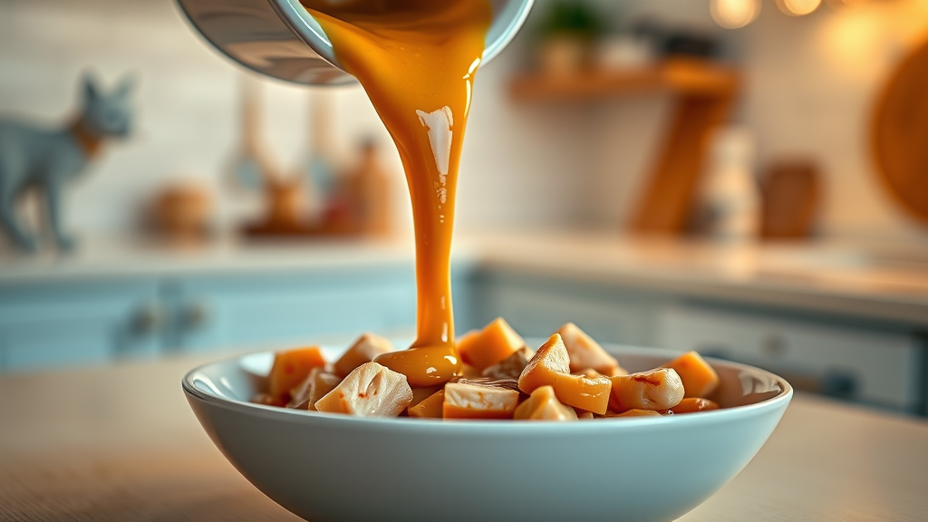 nutrient-rich wet cat food being poured into a dish.