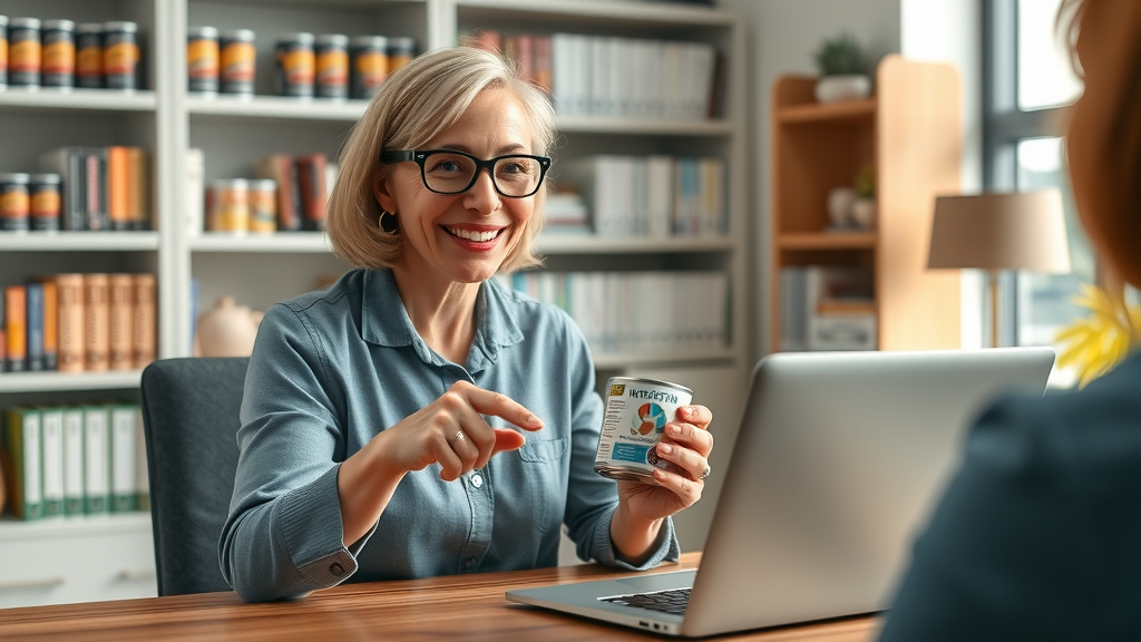 pet nutritionist advising on cat food in a professional office setting