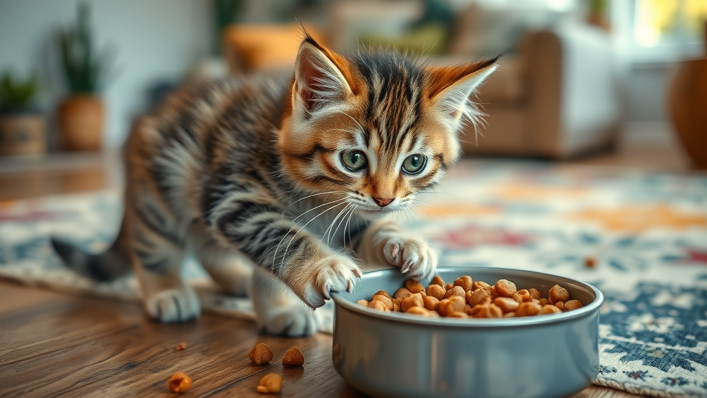adorable kitten exploring wet cat food in a cozy home environment.