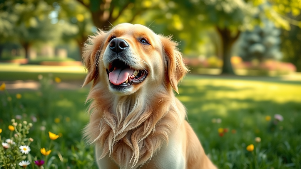 happy dog with shiny coat in park