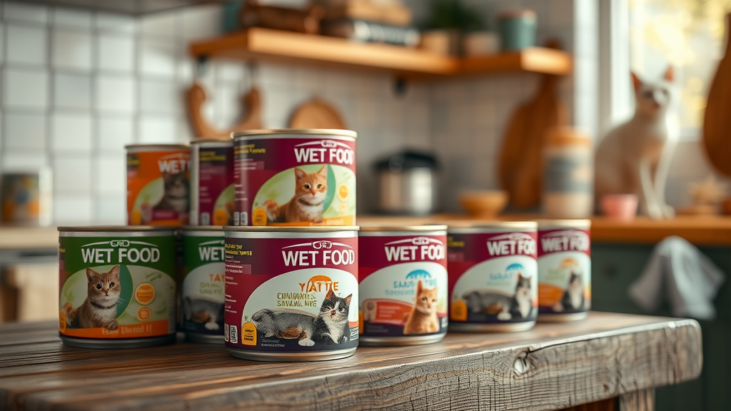 assorted wet cat food cans displayed appealingly