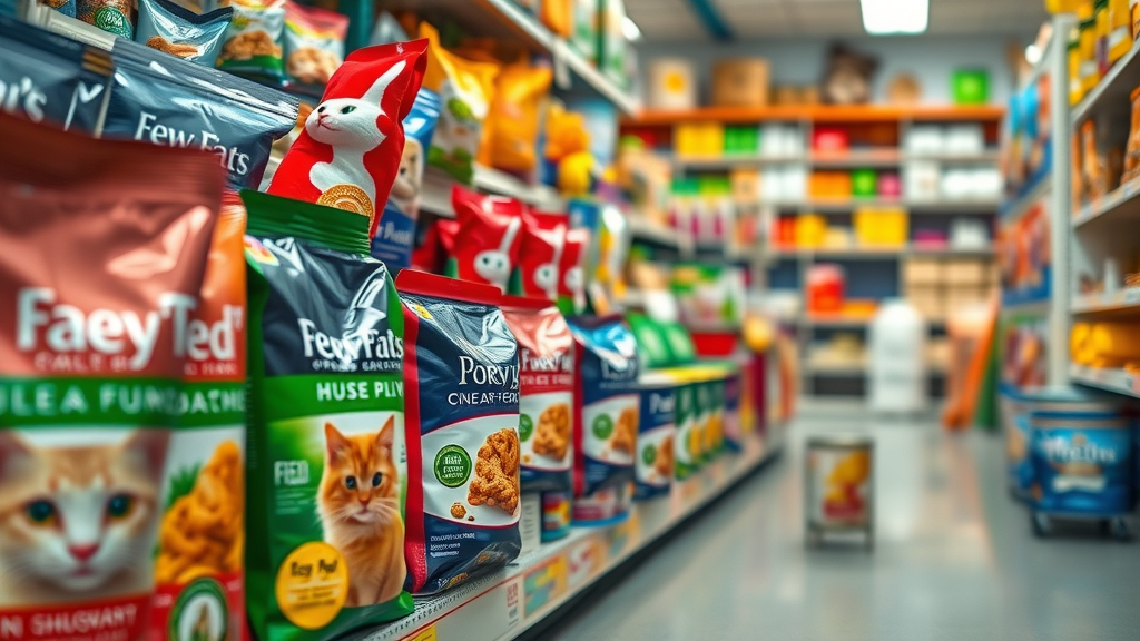 diverse cat food flavors on a pet store aisle
