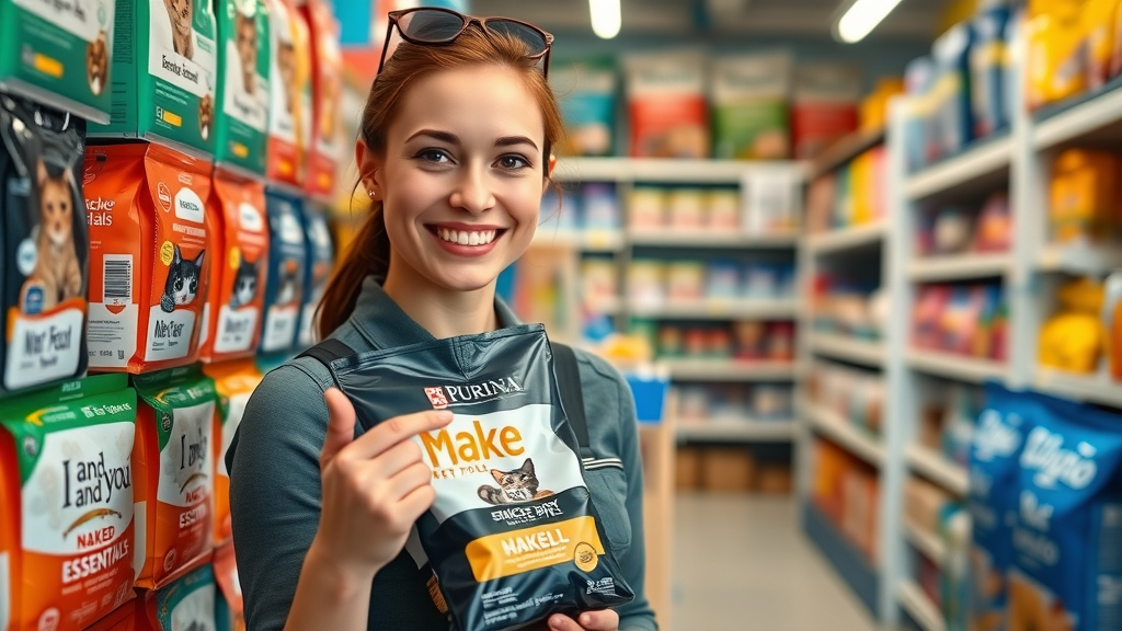 pet store employee showcasing cat food options