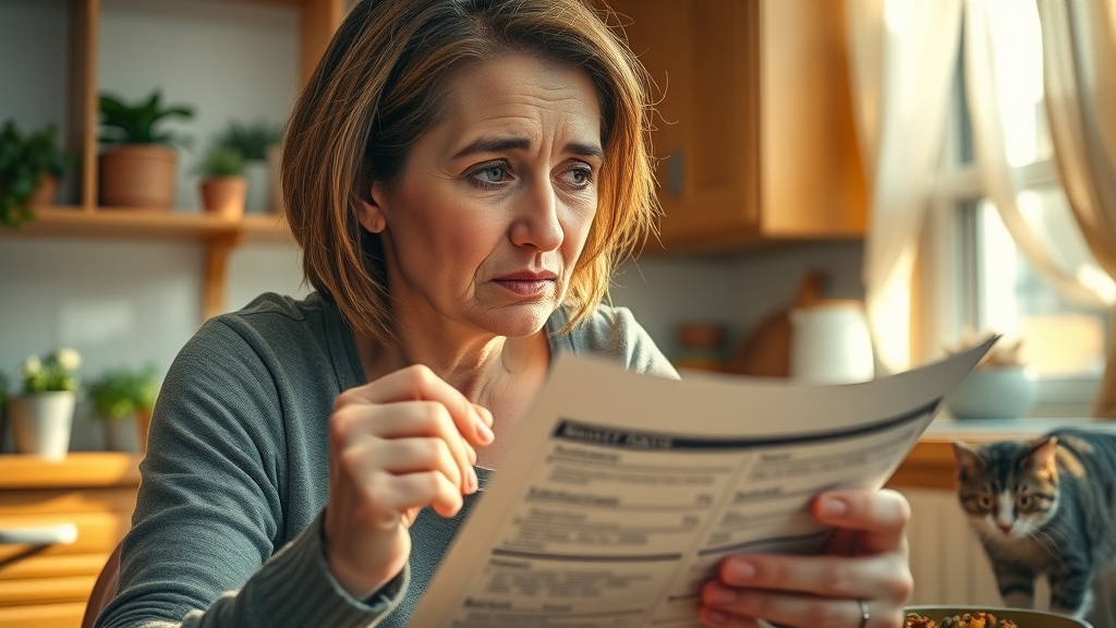 concerned pet owner, thoughtful look, reading pet food label, photorealistic high fidelity lifelike, home setting, highly detailed, natural tones, soft indoor lighting, shot with an 85mm lens.