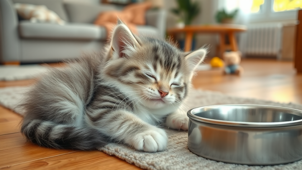 contented kitten, serene, resting next to an empty food dish, cinematic, cozy home interior, highly detailed, soft natural lighting, calming color palette, shot with a 90mm lens