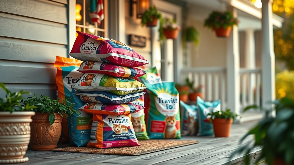 bulk cat food packages at a home's doorstep
