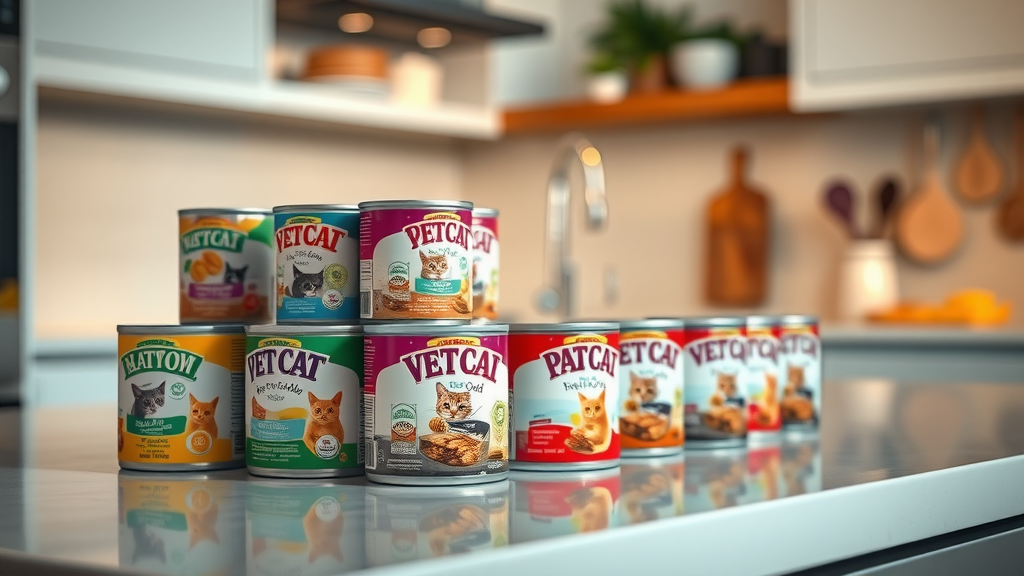 variety of wet cat food cans arranged on a kitchen counter