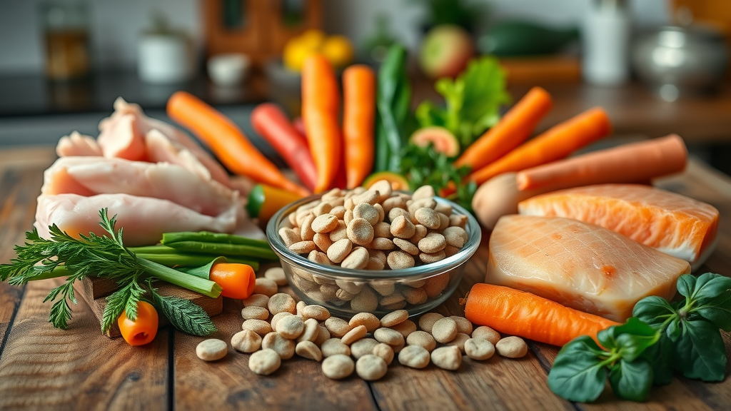 nutritious cat food ingredients arranged on a table.