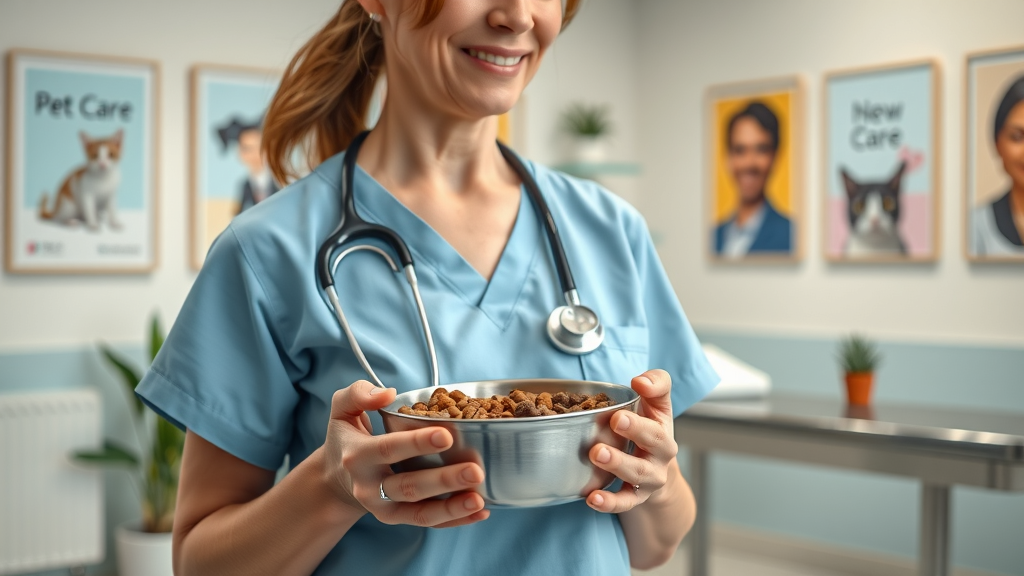 veterinarian holding wet cat food in a clinic setting