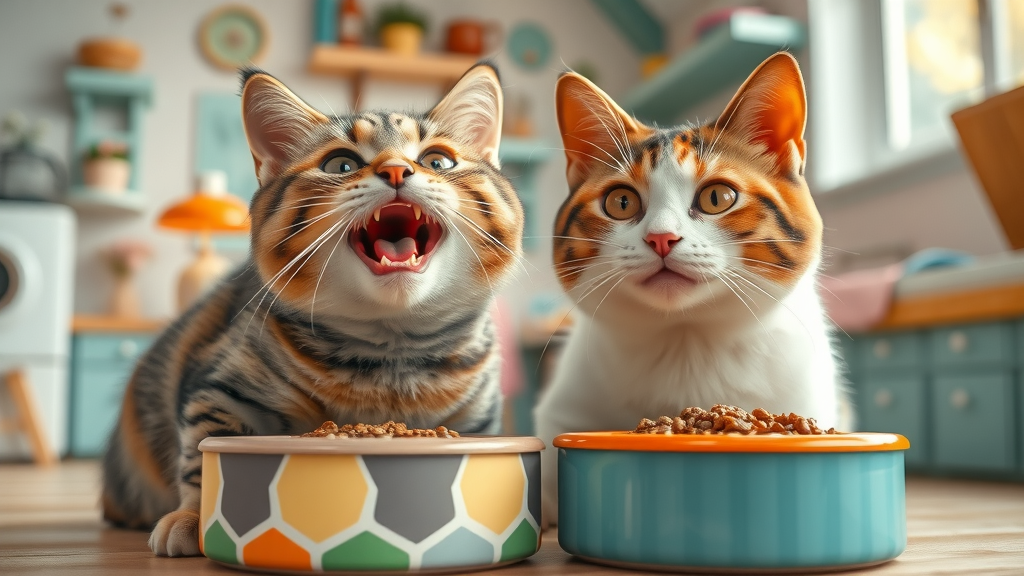 cats enjoying a meal, satisfied, eating from budget-friendly food bowls, 2d cartoon, cartoonish home setting, highly detailed, dynamic expressions, pastel colors, shot with a 28mm lens