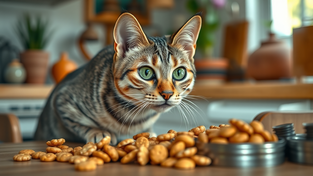 curious cat, examining different types of cat food, inquisitive expression