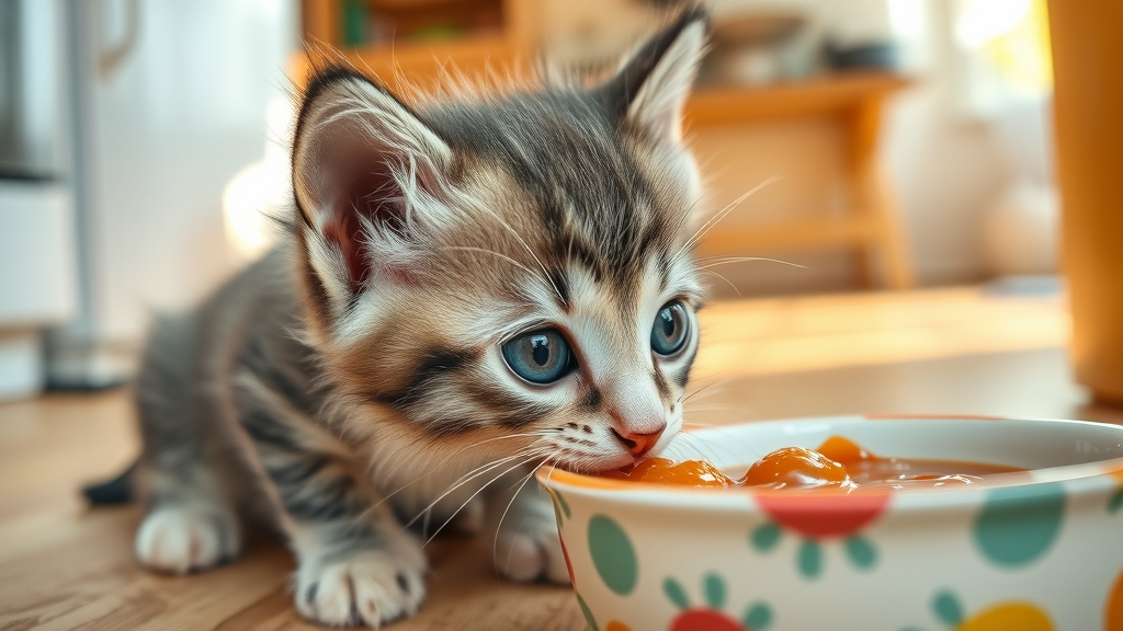 adorable kitten eating wet food, looking inquisitive, gently chewing, high fidelity lifelike image on a kitchen floor with a food dish, highly detailed, showing texture of fur and dish, natural colors, daylight, shot with a macro lens.