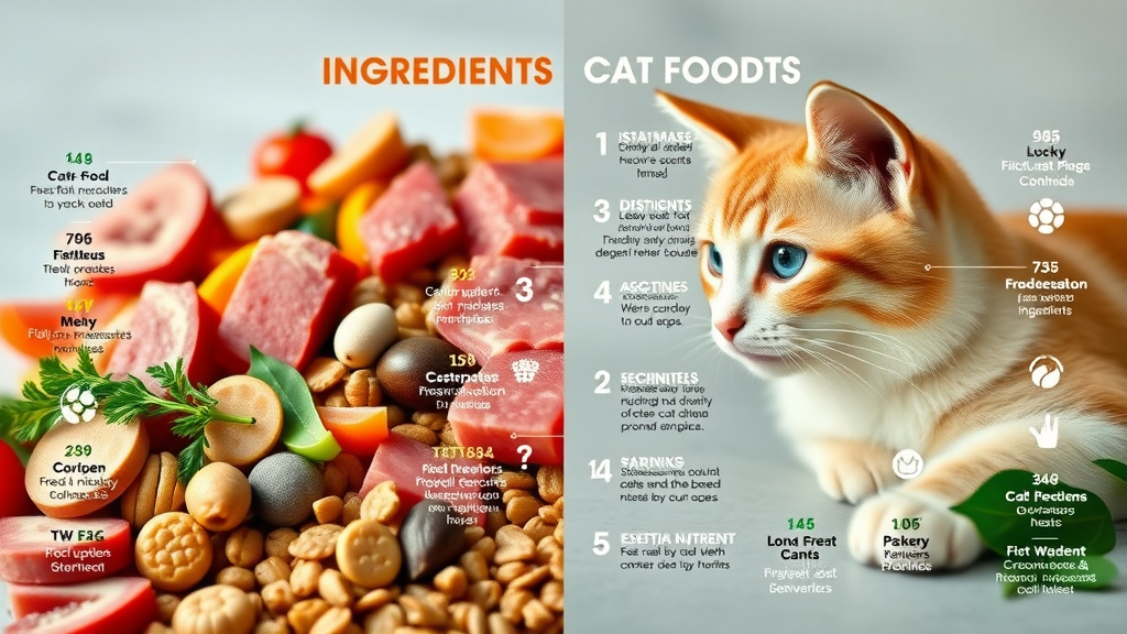 side-by-side comparison, small dog food vs. cat food ingredients, informative infographic style, cinematic, clear and detailed, vibrant colors, bright lighting, shot with a wide-angle lens.