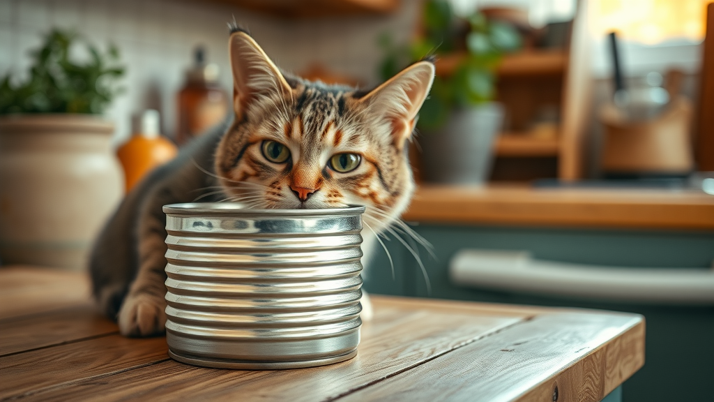 inexpensive wet cat food, curious, displayed on a wooden kitchen counter, photorealistic high fidelity lifelike, cozy kitchen environment, highly detailed, dynamic lighting, warm tones, shot with a 35mm lens