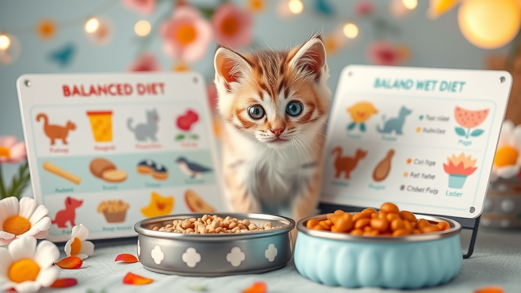 kitten with a balanced diet chart, standing next to food bowls, high fantasy, in an imaginative whimsical setting, highly detailed, playful elements, pastel colors, luminescent lighting, shot with a portrait lens.