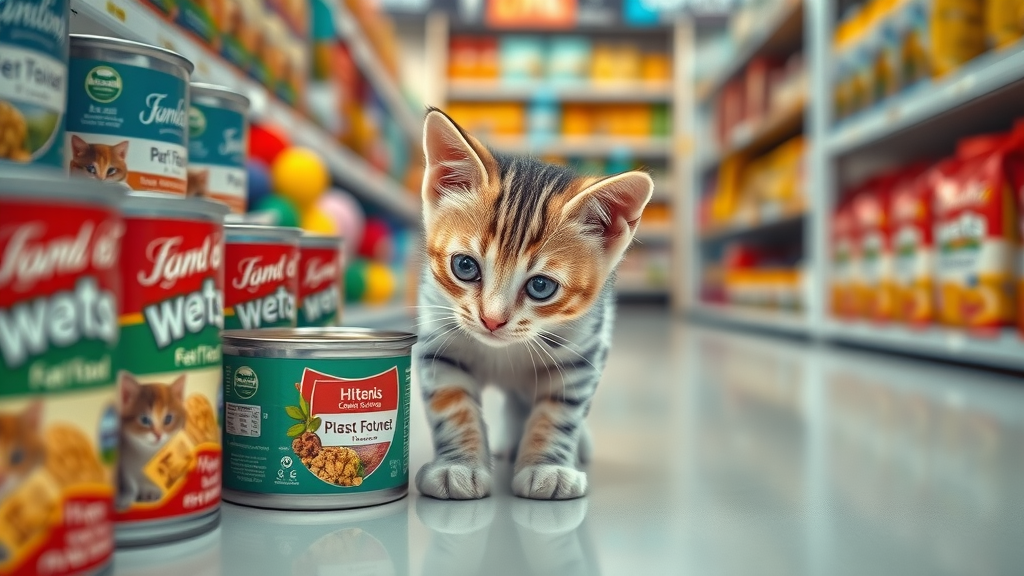 kitten choosing food, inquisitive, facing a selection of wet cat food cans, photorealistic high fidelity lifelike, pet store aisle, highly detailed, varied textures, crisp focus, shot with a 40mm lens