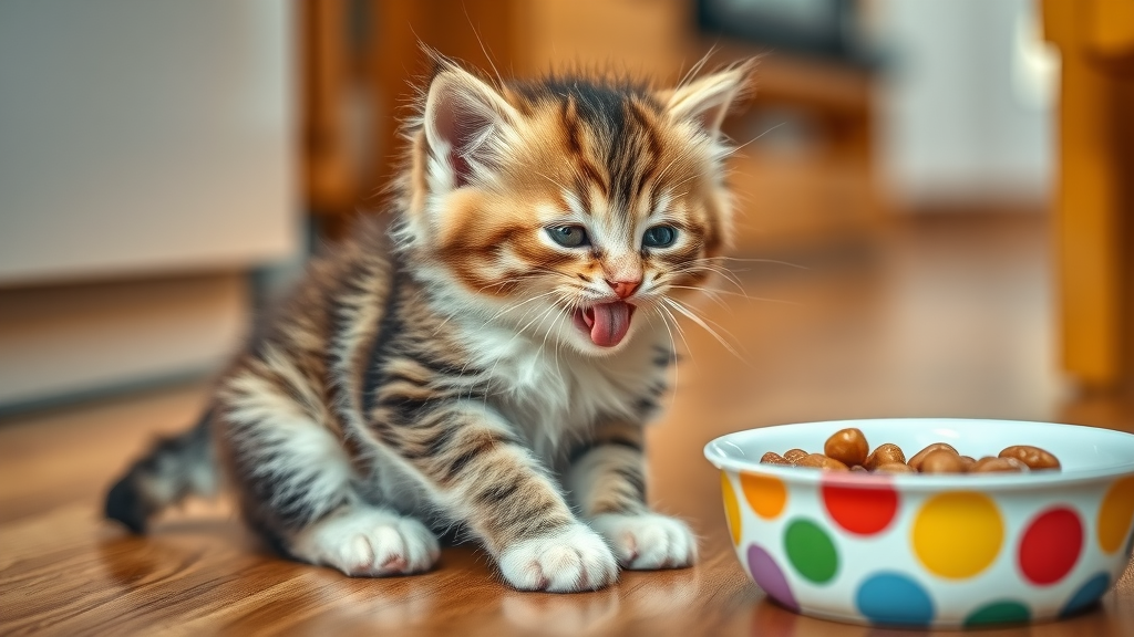 kitten licking paws after eating, satisfied expression, photorealistic, on a kitchen floor with a bowl, highly detailed, cozy setting, vibrant colors, soft, warm lighting, shot with a macro lens.