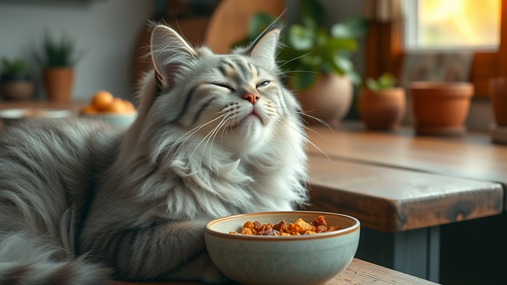 contented senior cat, relaxed and energized posture, enjoying a meal