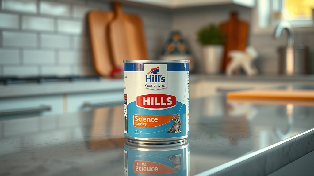 can of hill's science diet cat food on a kitchen counter.