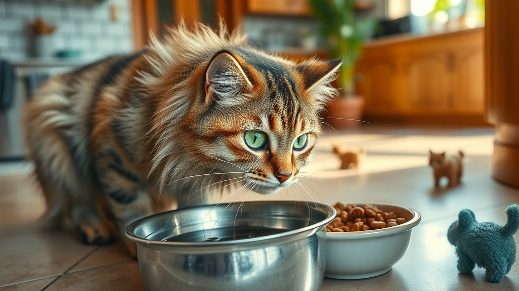 cat drinking from water bowl next to wet cat food
