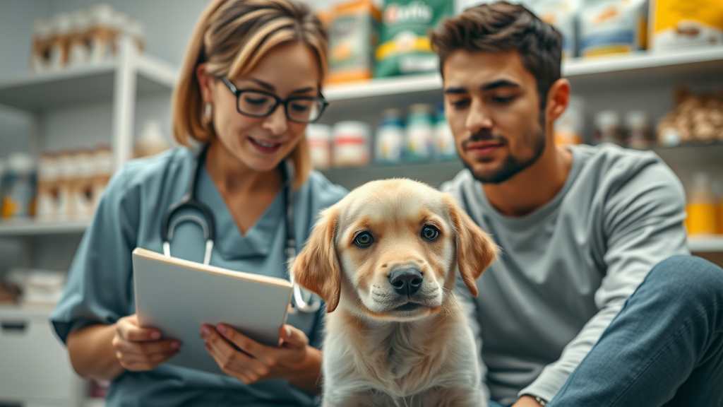 veterinarian consulting dog owner about food for sensitive stomachs