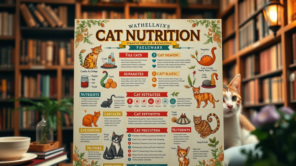 summary of key cat nutrition facts, informative, designed as an infographic poster, high fantasy, educational setting, highly detailed, dynamic layout, bold colors, shot with a 24mm lens