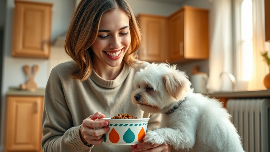 happy pet owner feeding her small dog wet cat food.