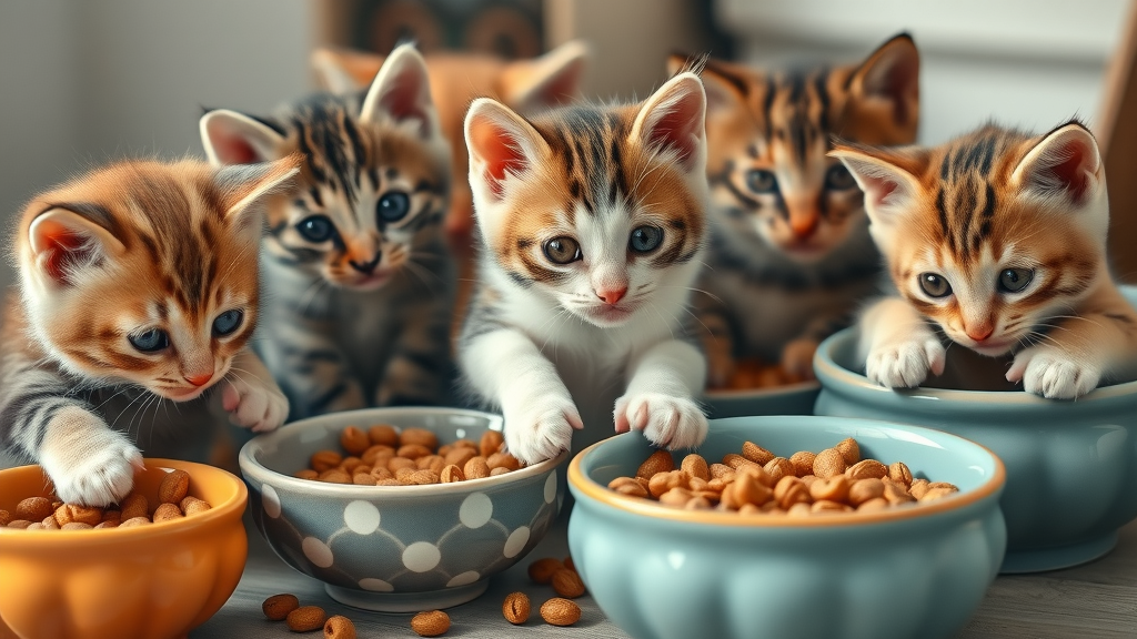 a diverse group of kittens eating from food bowls.