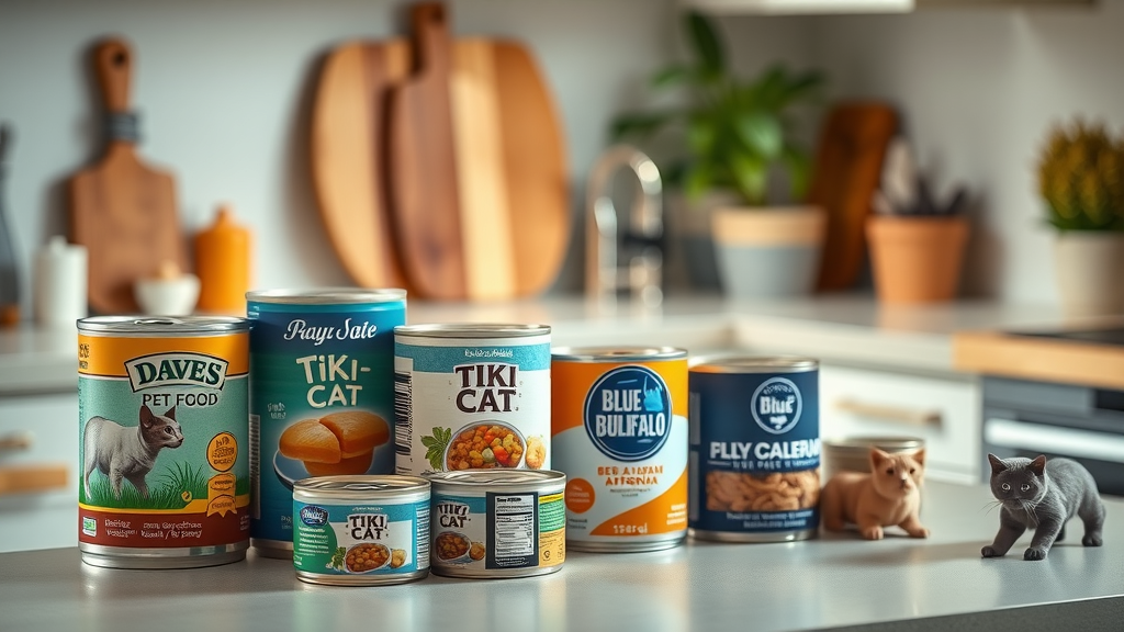 budget cat foods on kitchen counter with diverse affordable brands displayed.