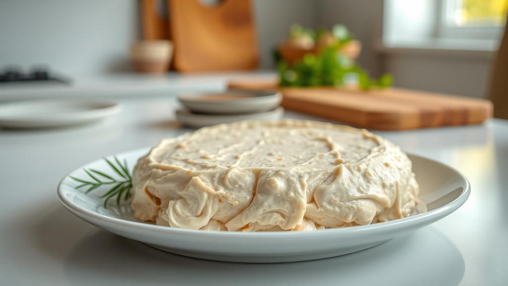 chicken paté texture, creamy and smooth, plated artistically, 3d cartoon, minimalist kitchen setting, highly detailed paté surface, soft whites and ochres, gentle daylight, shot with a 100mm lens