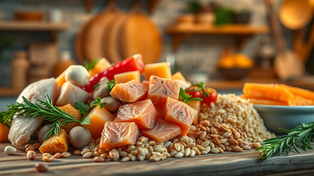 variety of kitten food ingredients, colorful assortment, laid on a table, cinematic kitchen background with ambient light, highly detailed, elements of chicken, salmon, and grains, vibrant colors, soft light, shot with a 50mm lens.