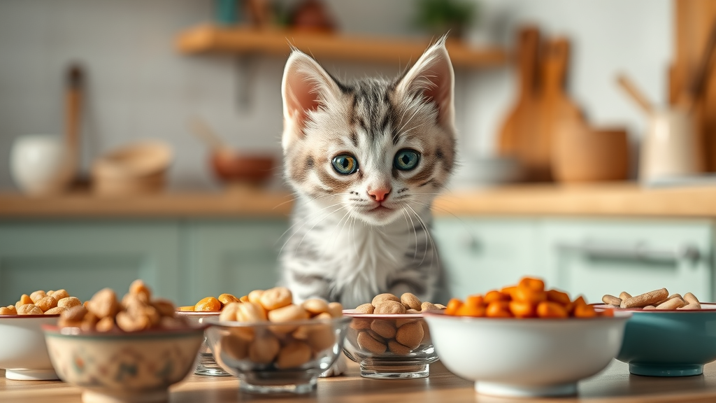 curious kitten looking at a selection of wet cat foods