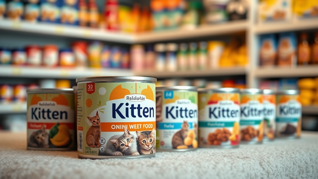 variety of kitten wet food cans neatly arranged