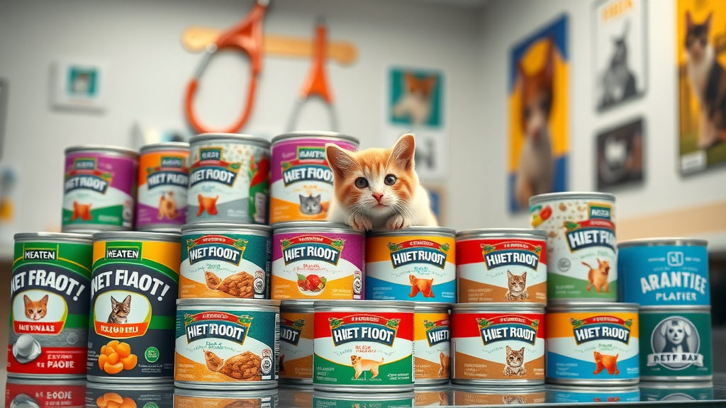 assortment of wet kitten food cans, neatly arranged, showing variety, 3d cartoon, in a vet's office, highly detailed, labels visible, vibrant and diverse colors, overhead lighting, shot with a wide-angle lens.
