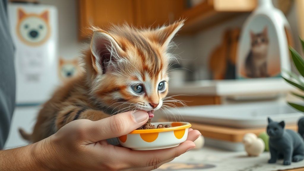 kitten being fed wet cat food by owner with gentle care